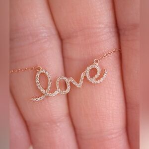 14K Rose Gold Diamond “Love” Necklace Dainty Script Pendant
